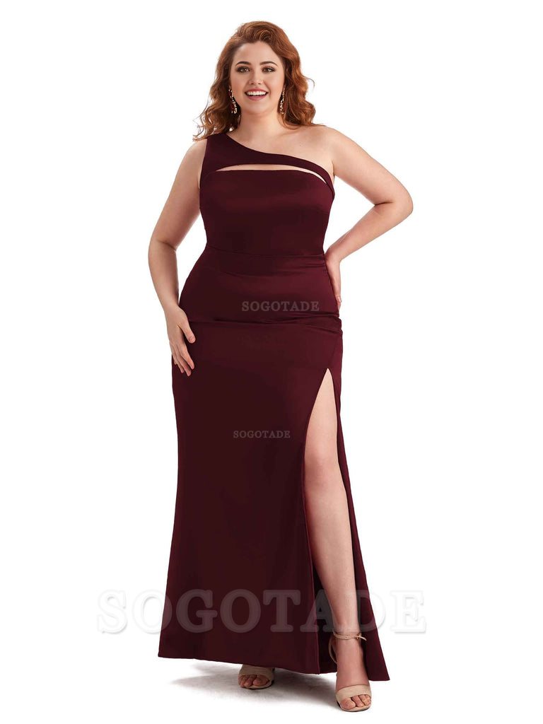 Sexy Mermaid Sleeveless One Shoulder Side Slit Soft Satin Long Plus Size Bridesmaid Dress For Wedding