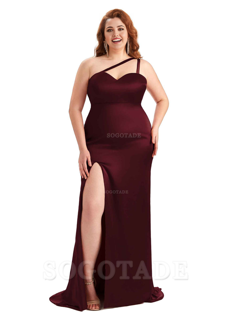 Sexy Side Slit Sleeveless Mermaid One Shoulder Soft Satin Long Plus Size Bridesmaid Dress For Wedding