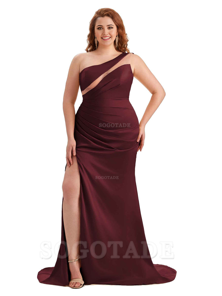 Sexy Unique Sleeveless One Shoulder Side Hight Slit Mermaid Soft Satin Long Plus Size Maid of Honour Dresses
