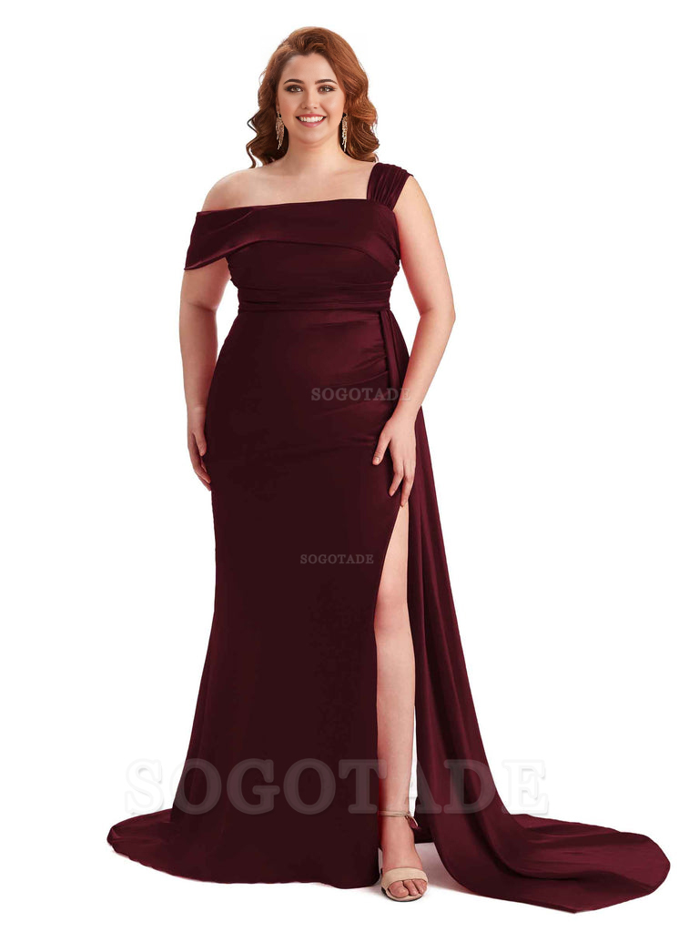 Sexy Side Hight Slit One Shoulder Mermaid Soft Satin Long Plus Size With Train Matron of Honor Dresses