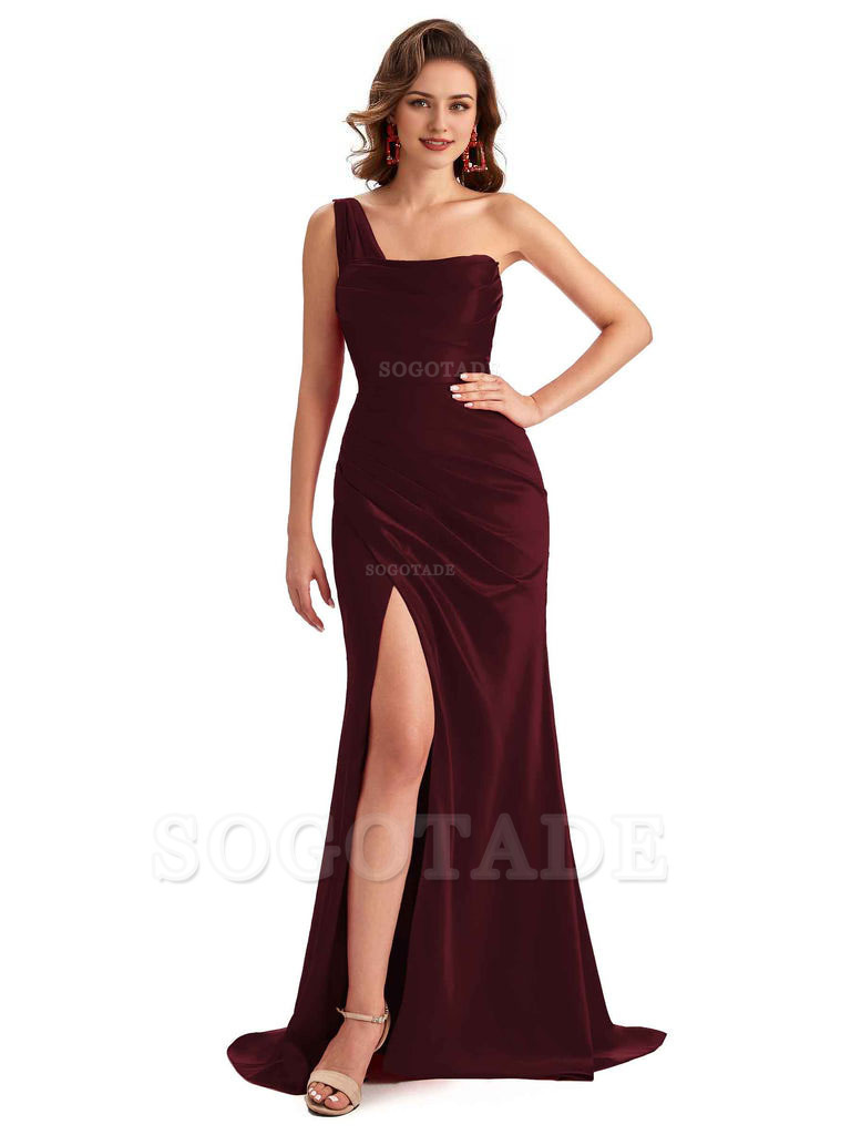 Sexy One Shoulder Side Slit Silky Satin Chic Long Mermaid Trumpet Bridesmaid Dress