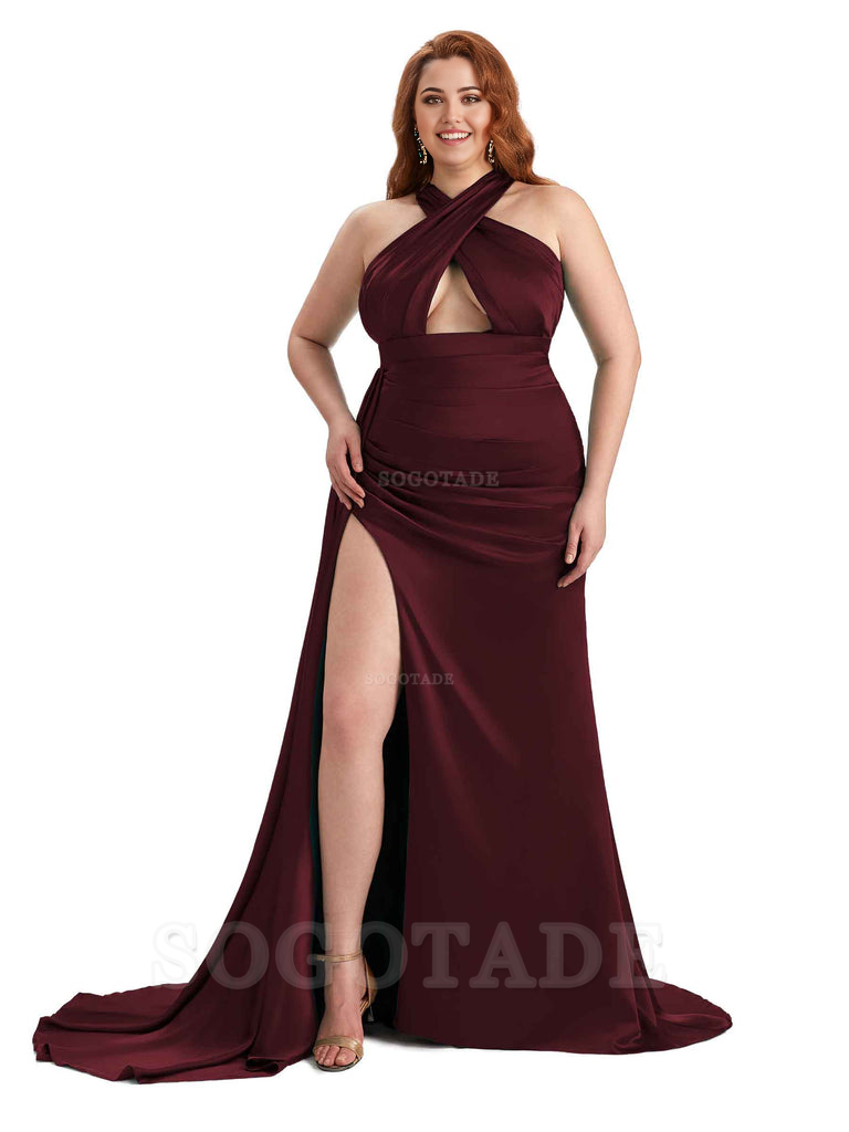 Sexy Halter Side Hight Slit Sleeveless Mermaid Soft Satin Long Plus Size Bridesmaid Dress For Wedding