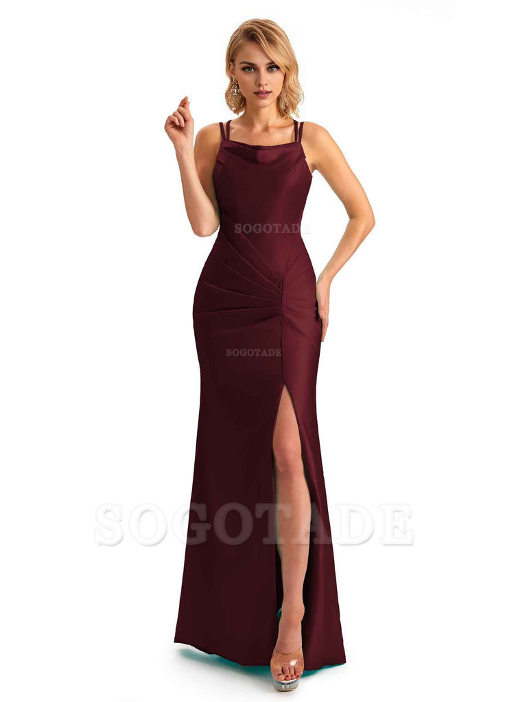 Soft Satin Spaghetti Straps Side Slit Long Unique Mermaid Beautiful Dresses For Wedding
