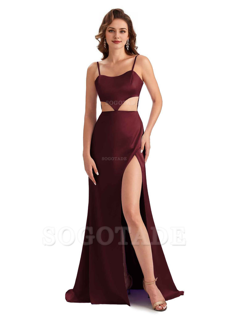 Sexy Satin Side Slit Spaghetti Straps Mermaid Long Unique Curve Wedding Guest Dresses