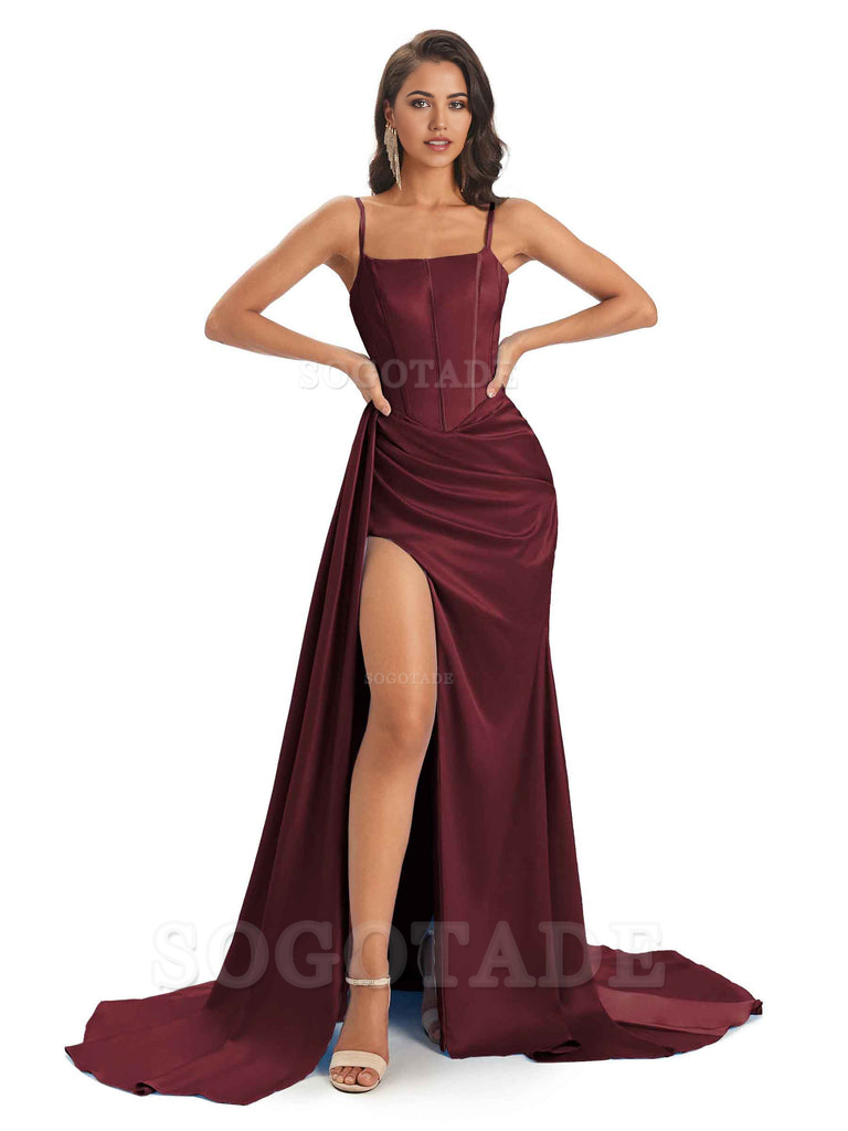 Spaghetti Straps Floor-Length Satin formal dresses evening gown Bridesmaid Dresses With Side Slit 