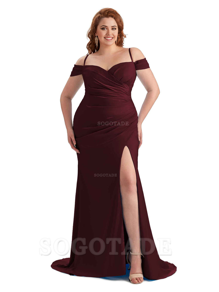 Sexy Side Slit Sleeveless Cold Shoulder Mermaid Soft Satin Long Plus Size Maid of Honor Dresses