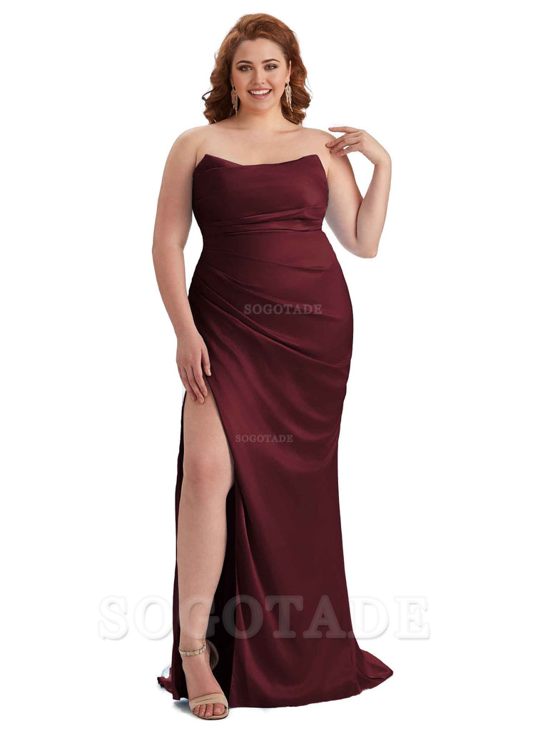 Sexy Side Slit Sleeveless Strapless Mermaid Soft Satin Long Plus Size Bridesmaid Dresses For Wedding