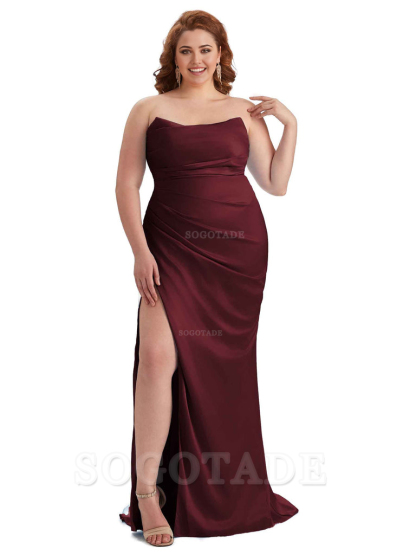 Sexy Side Slit Sleeveless Strapless Mermaid Soft Satin Long Plus Size Bridesmaid Dresses For Wedding