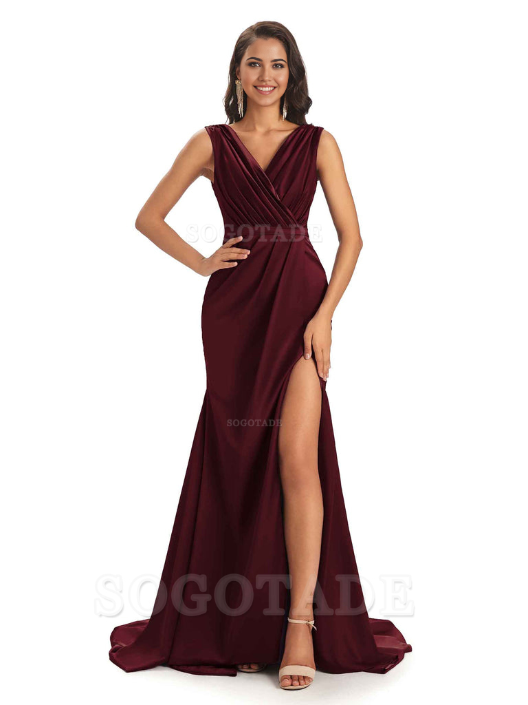 A-line V-neck Floor-Length Satin formal dresses evening gown Bridesmaid Dresses With Side Slit 