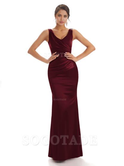 Sheath Sleeveless V-neck Floor-Length Satin formal dresses evening gown Bridesmaid Dresses With Pleats 