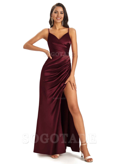 Sheath V-Neck Spaghetti Straps formal dresses evening gown Bridesmaid Dresses With Side Slit 