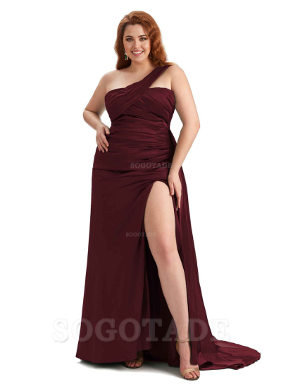  One Shoulder Sleeveless Sexy Side Hight Slit Mermaid Soft Satin Long Plus Size Bridesmaid Gowns