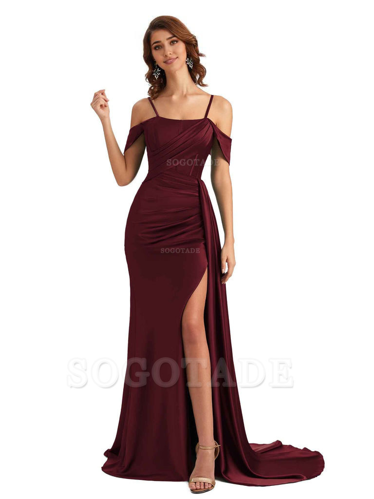 Sexy Side Slit Cold Shoulder Mermaid Satin Chic Long Wedding Guest Dresses