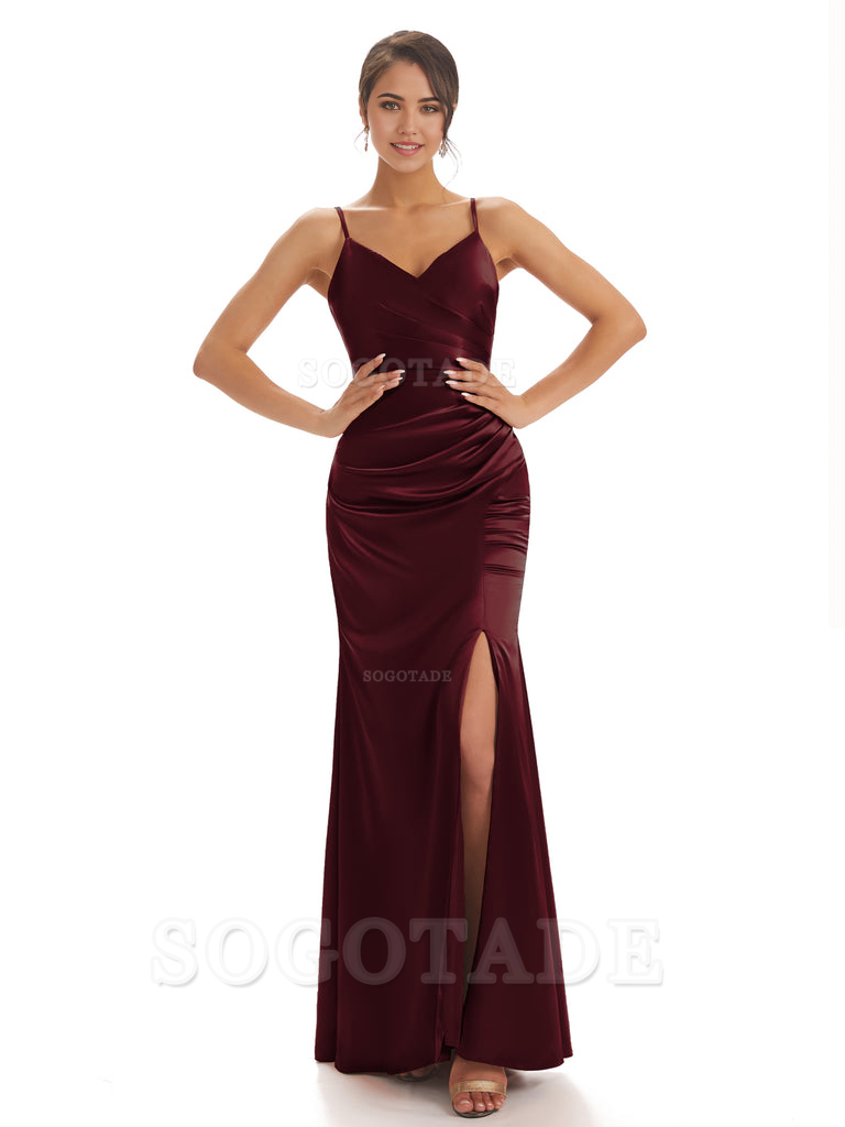 Spaghetti Straps Pleats Satin formal dresses evening gown Bridesmaid Dresses With Side Slit 