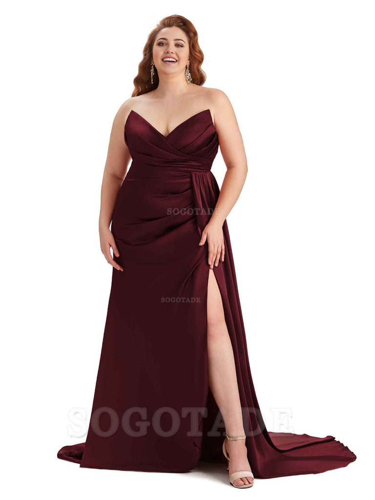 Sexy V-neck Side Slit Sleeveless Mermaid Soft Satin Long Plus Size Bridesmaid Gowns