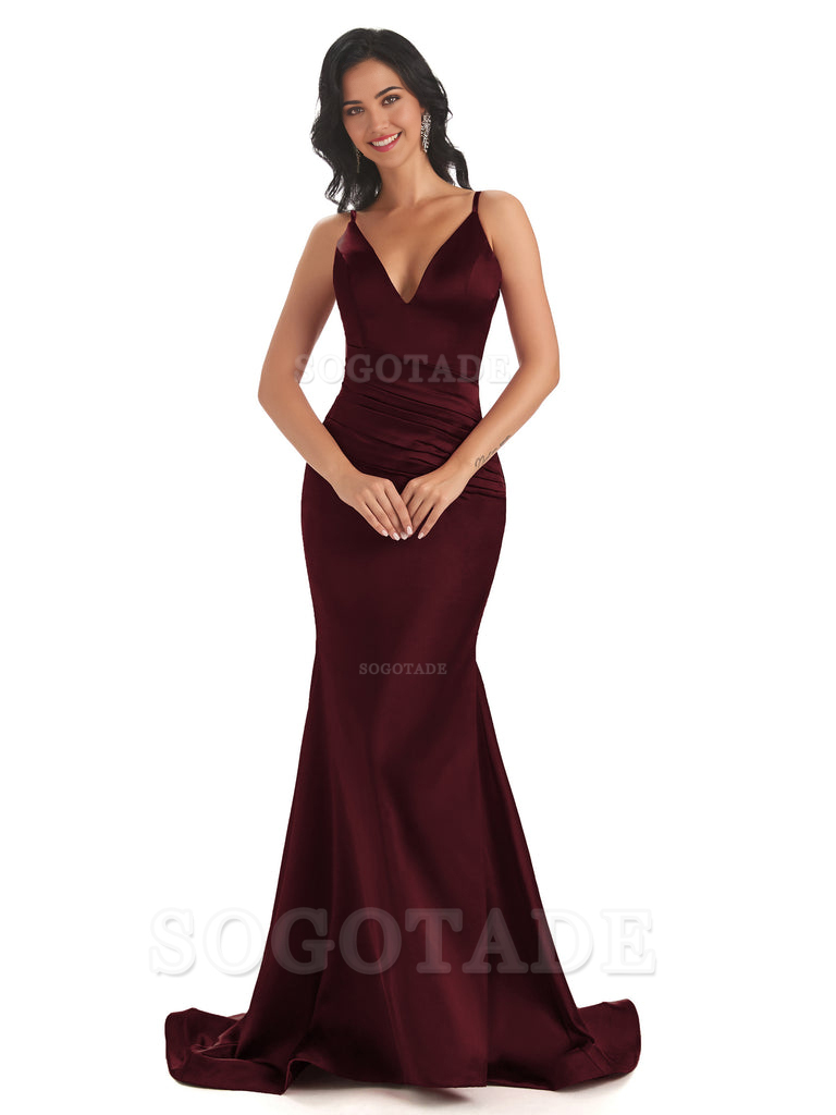 Mermaid Spaghetti V-Neck Straps Satin Long formal dresses evening gown Bridesmaid Dresses With Side Slit 