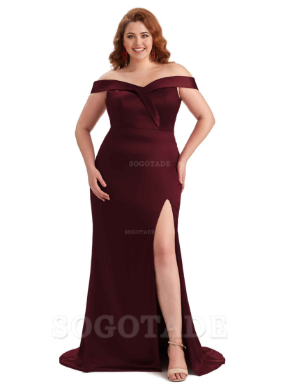 Elegant Off The Shoulder Sleeveless Side Slit Mermaid Soft Satin Long Plus Size Bridesmaid Gowns