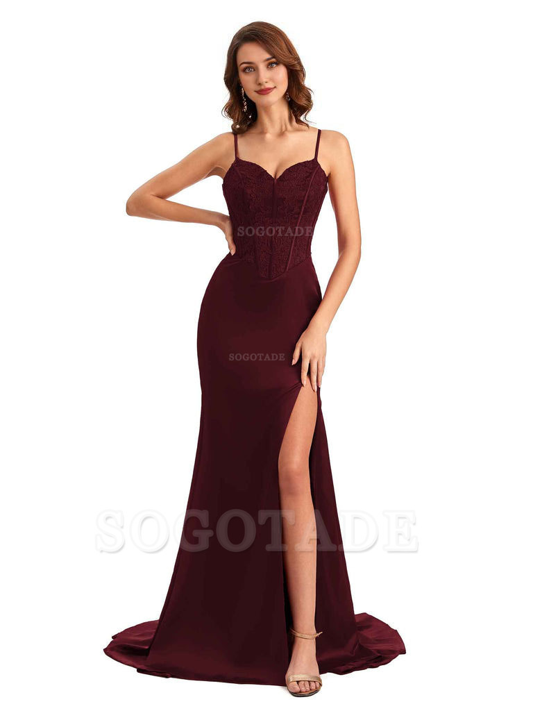 Sexy Side Slit Mermaid Silky Satin V-Neck Lace Unique Long Bridesmaid Dresses