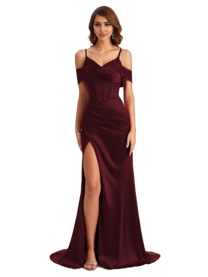  Sexy Side Slit Mermaid Silky Satin V-Neck Cold Shoulder Unique Nice Wedding Guest Dresses