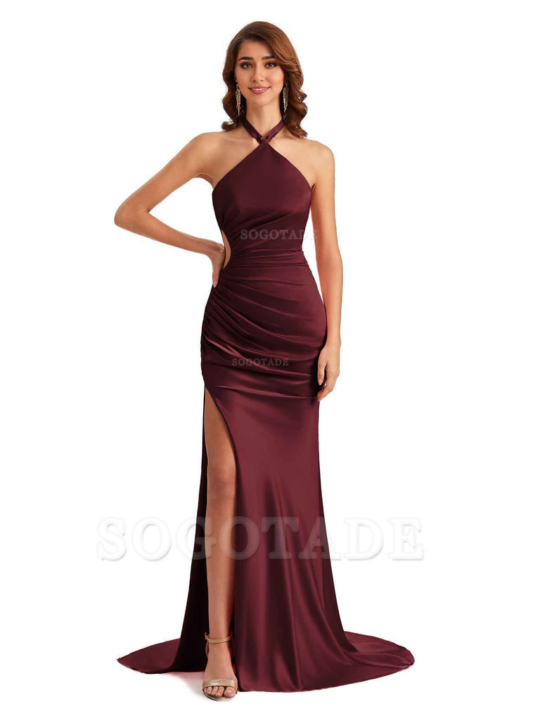 Sexy Halter Mermaid Silky Satin Unique Long Formal Wedding Guest Dresses