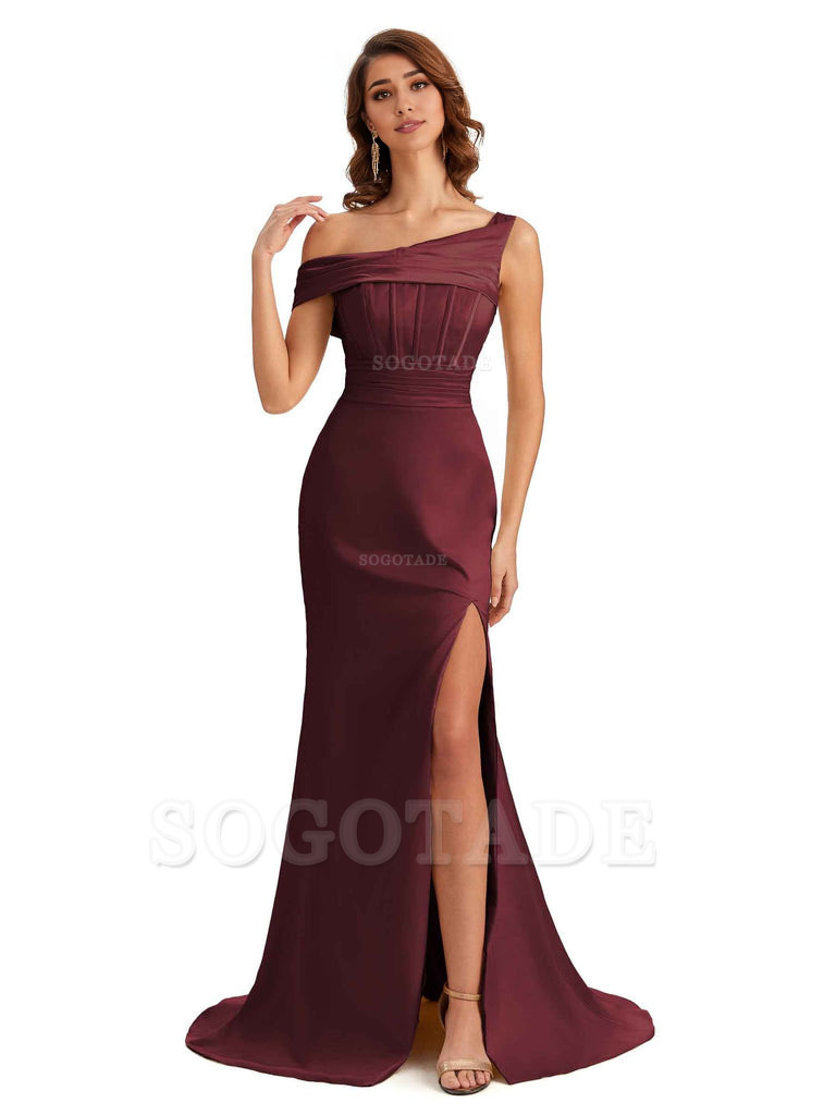 Elegant Asymmetrical Neck Soft Satin Side Slit Long Mermaid Bridesmaid Dresses