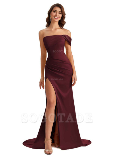 Unique One Shoulder Side Slit Satin Long Formal Dresses For Bridesmaid Dresses