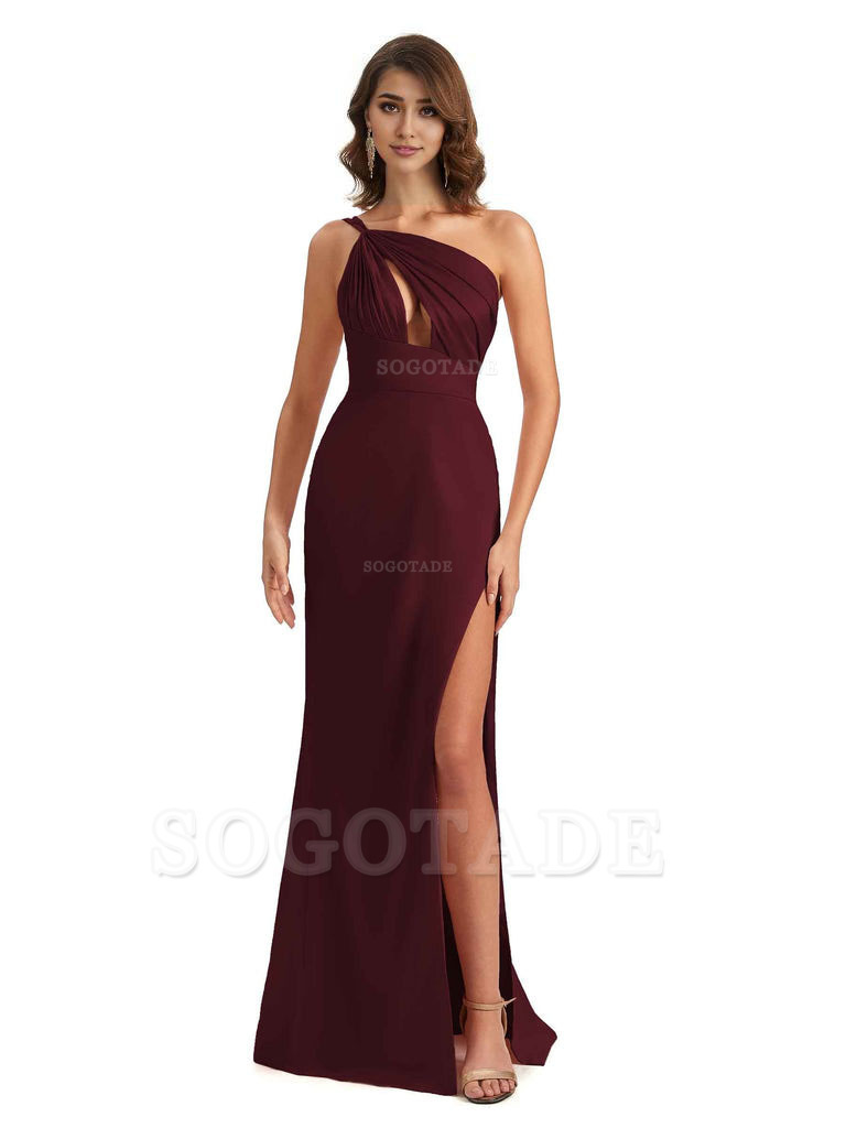 Sexy One Shoulder Silky Satin Unique Long Ladies Bridesmaid Dress For Wedding