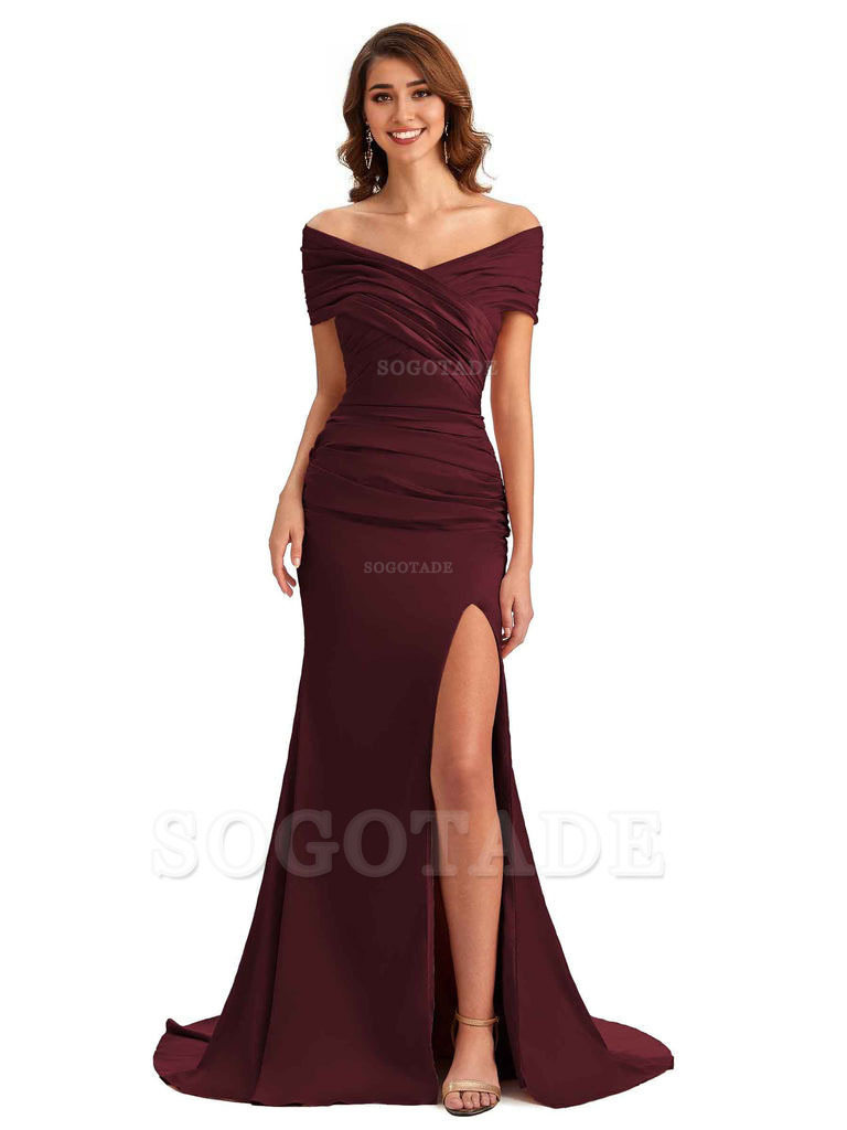Sexy Off The Shoulder Side Slit Mermaid Satin Unique Long Formal Wedding Guest Dresses