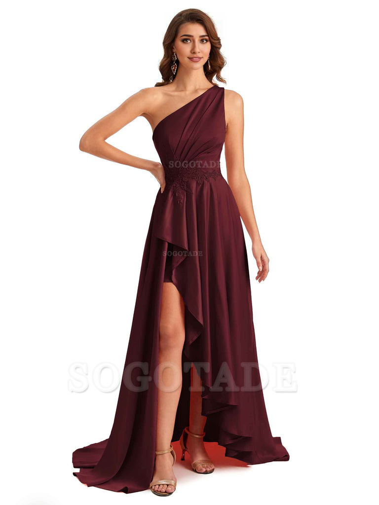 Sexy One Shoulder A-Line High Low Silky Satin Lace Long Formal Wedding Guest Dresses