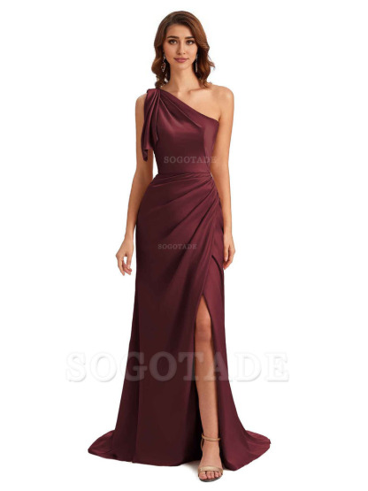 Sexy One Shoulder Mermaid Side Slit Unique Silky Satin Bridesmaid Dresses 