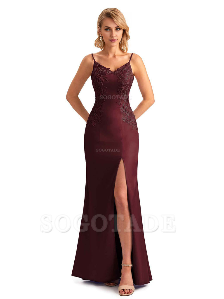 Sexy Side Split Mermaid Spaghetti Straps Soft Satin Unique Lace Long Bridesmaid Dresses