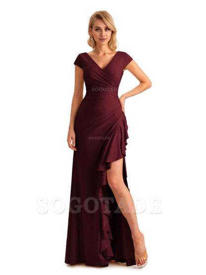 Sexy Side Slit Short Sleeves Mermaid Soft Satin Unique Long Maid Of Honor Dresses