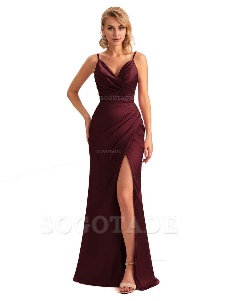 Sexy Side Slit V-Neck Mermaid Silky Satin Unique Long Formal Ladies Bridesmaid Dresses