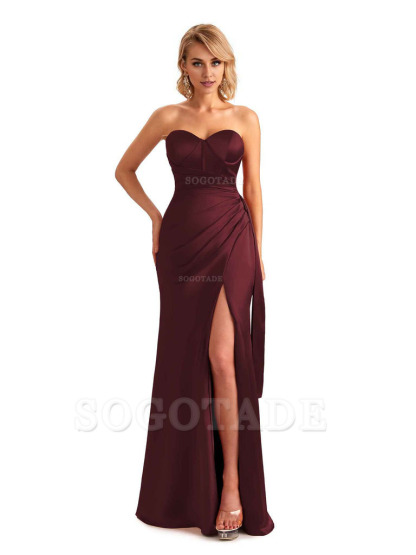 Sexy Side Slit Strapless Mermaid Soft Satin Unique Long Bridesmaid Dress For Wedding