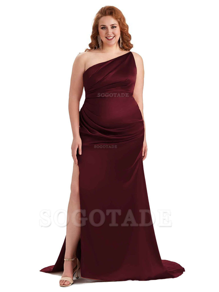 Sexy One Shoulder Side Slit Mermaid Soft Satin Long Plus Size Bridesmaid Dress For Wedding
