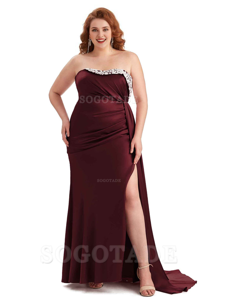 Sexy Side Slit Strapless Mermaid Lace Soft Satin Long Plus Size Maid of Honor Dresses