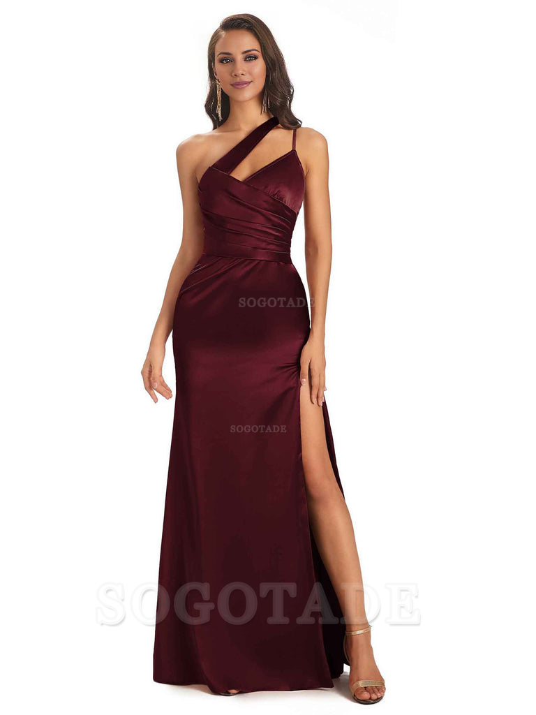 Elegant Soft Satin Side Slit One Shoulder Floor-Length Maxi Bridesmaid Dresses Evening Party Dress
