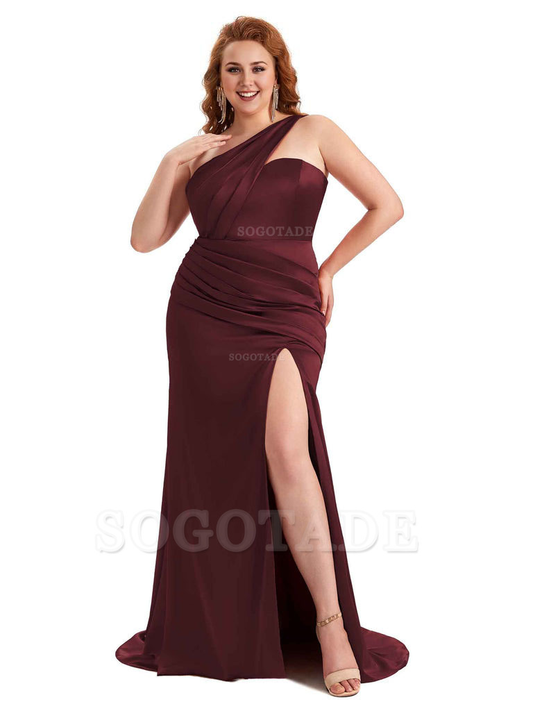 Sexy Side Slit One Shoulder Mermaid Soft Satin Long Plus Size Matron of Honor Dress For Wedding