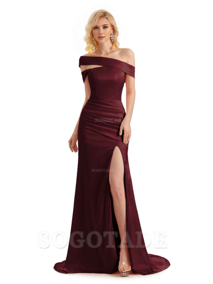 Elegant Asymmetrical Unique Soft Satin Side Slit Long Mermaid Bridesmaid Dresses Charming Evening Party Dress