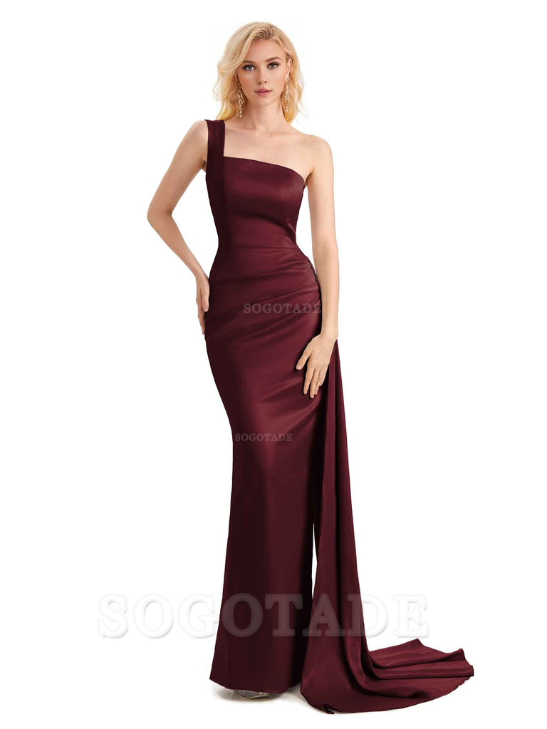Elegant One Shoulder Soft Satin Mermaid Unique Long Bridesmaid Dresses Charming Evening Party Dress