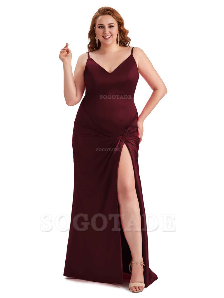 Sexy Spaghetti Straps V-neck Side Slit Mermaid Soft Satin Long Plus Size Bridesmaid Dress