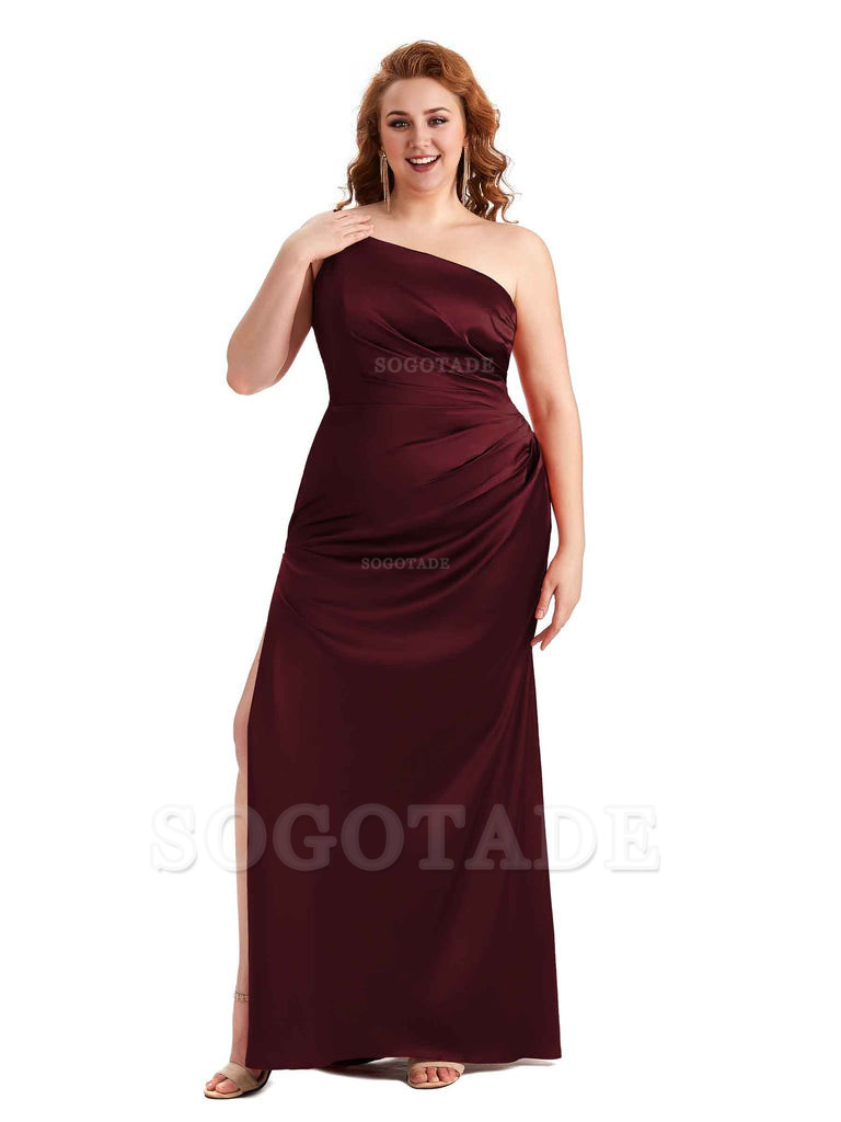 Sexy Side Slit One Shoulder Mermaid Soft Satin Long Plus Size Maid of Honour Dresses