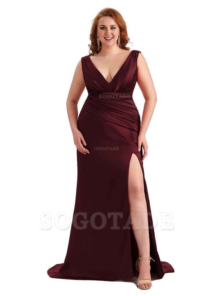 Elegant V-neck Side Slit Mermaid Soft Satin Long Plus Size Bridesmaid Dress For Wedding