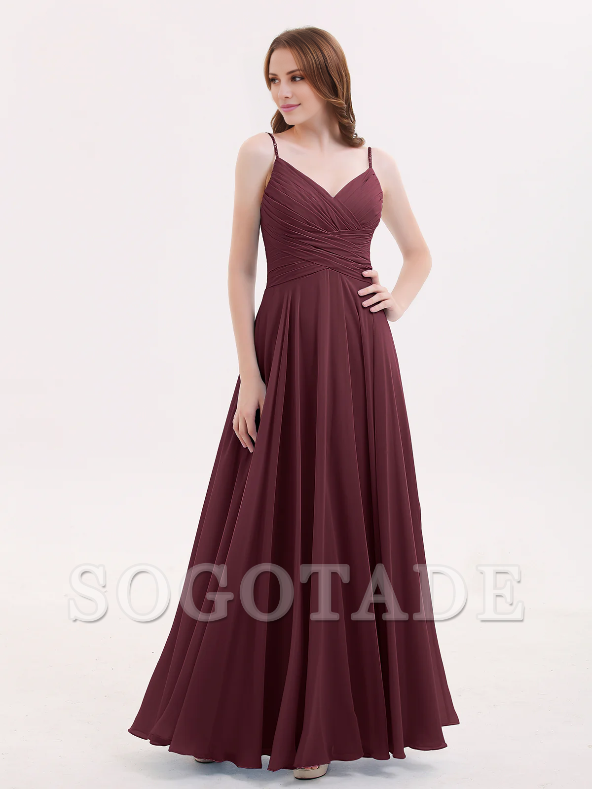 V-neck Fine Shoulder Strap Floor Length Chiffon Bridesmaid Dresses Online