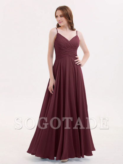 V-neck Fine Shoulder Strap Floor Length Chiffon Bridesmaid Dresses Online