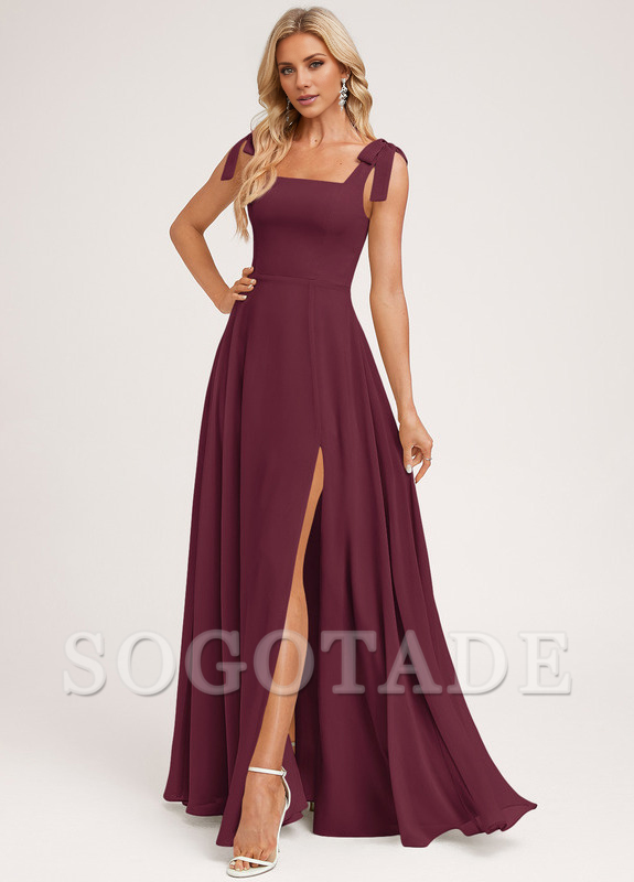 A-shaped square bow landing chiffon bridesmaid dress