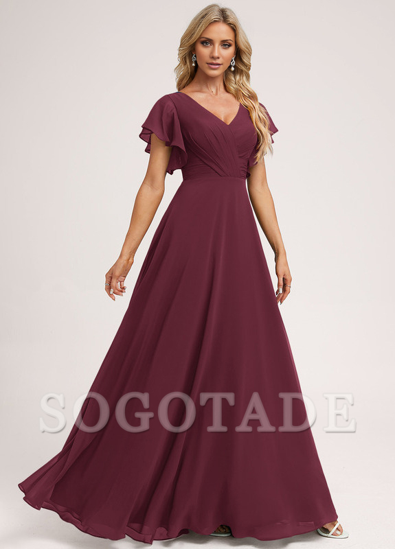 Ruffle A-line V-neck and floor chiffon bridesmaid dress