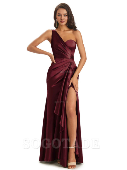 Elegant Soft Satin Side Slit One Shoulder Unique Mermaid Bridesmaid Dresses Online prom dresses shops