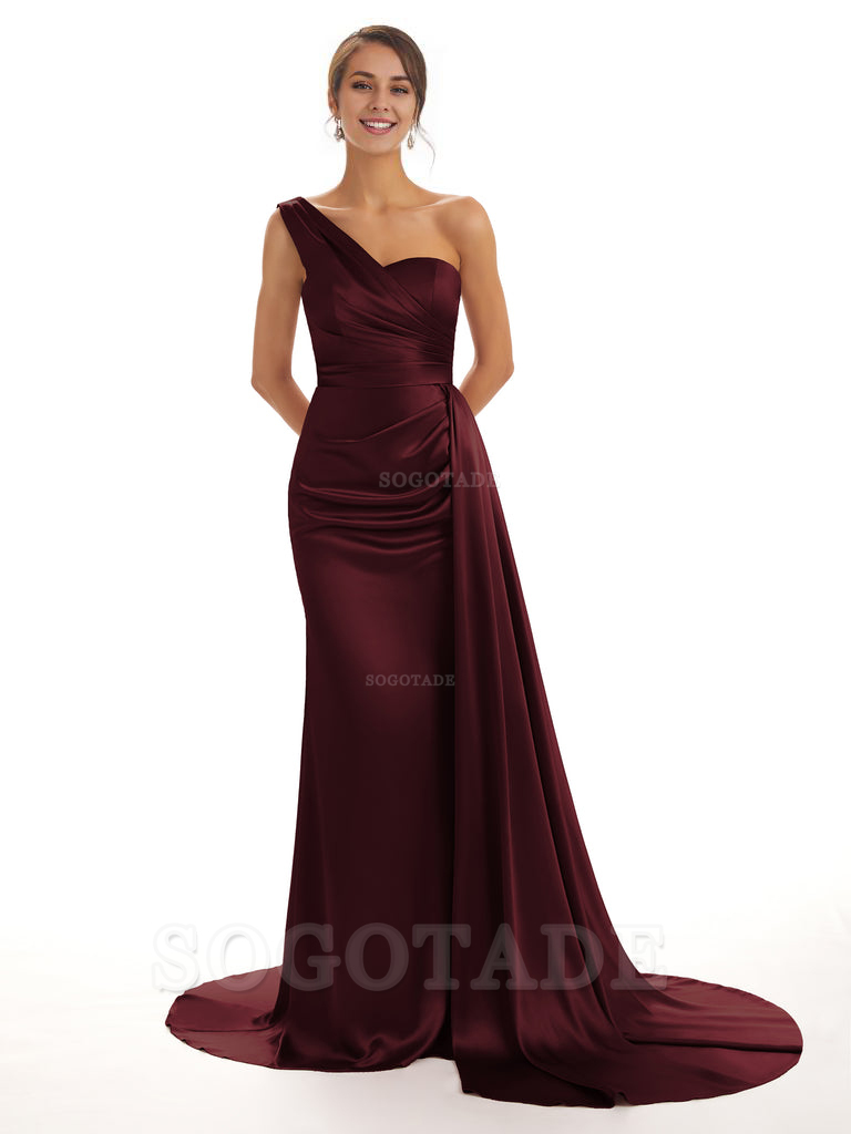 Elegant One Shoulder Soft Satin Unique Mermaid Long Bridesmaid Dresses Online prom dresses shops