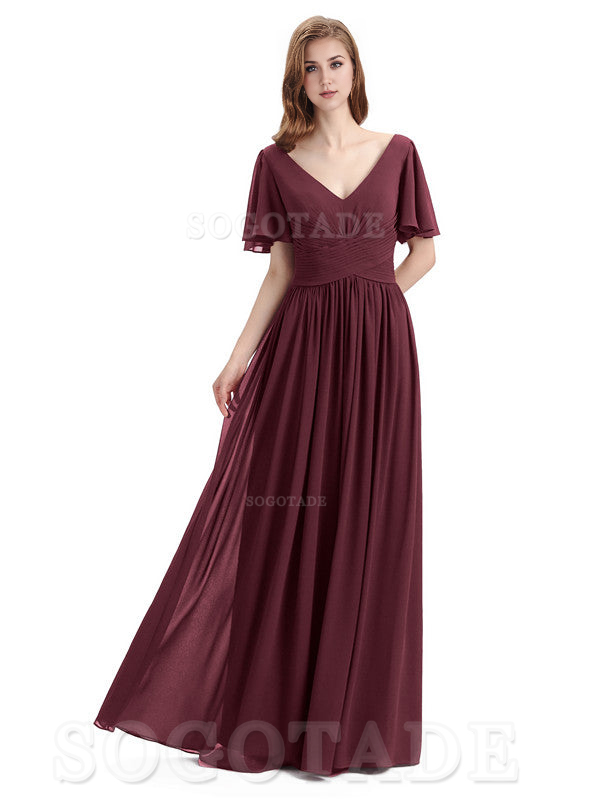 A-Line Chiffon Short Sleeves Elegant Floor-Length Bridesmaid Dresses Formal Women's Dresses Wedding Guests Dresses